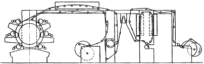 6-красочная планетарная машина, агрегатированная с секцией глубокой печати, служащей для нанесения ПВХД-покрытия или клеевого слоя с обратной стороны ленты с соблюдением приводки лица и оборота